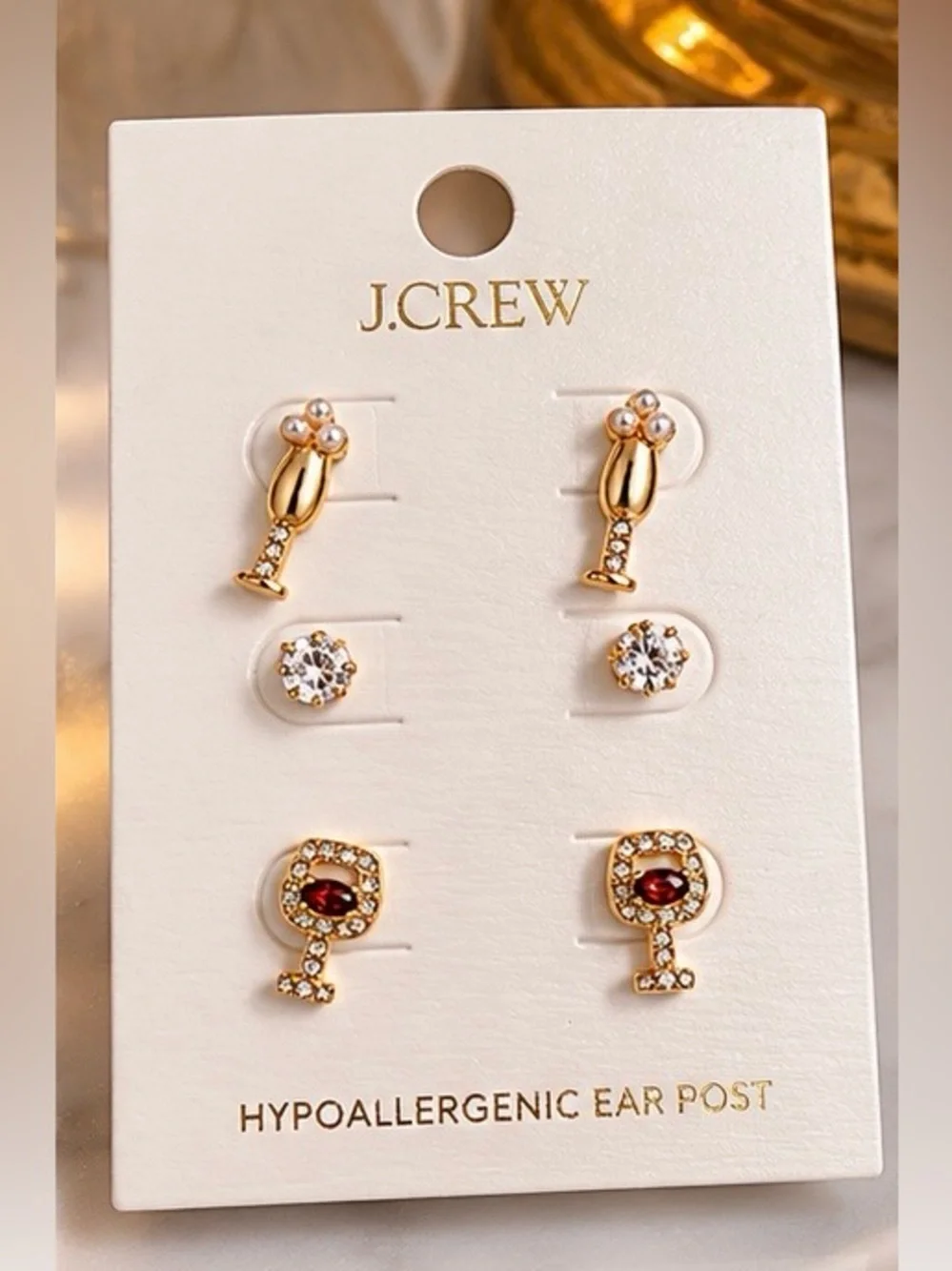 J. Crew Gold-Plated Earring Set with Red and Clear Stones 🍷✨